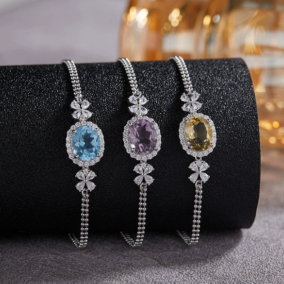 Wholesale Jewelry S925 Sterling Silver Natural Topaz Yellow Amethyst Color Leaf Pattern Set With Gems Bracelet