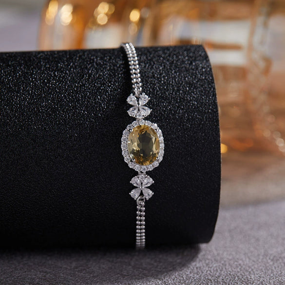 Wholesale Jewelry S925 Sterling Silver Natural Topaz Yellow Amethyst Color Leaf Pattern Set With Gems Bracelet