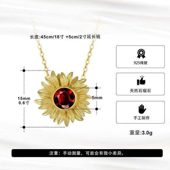 Wholesale Jewelry S925 Sterling Silver Necklace With Natural Garnet And Sunflower Geometric Style Electroplated
