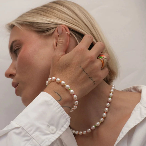 Wholesale Jewelry S925 Sterling Silver Neon Natural Cultured Pearl Dopamine Color Rice Beads Necklace Bracelet
