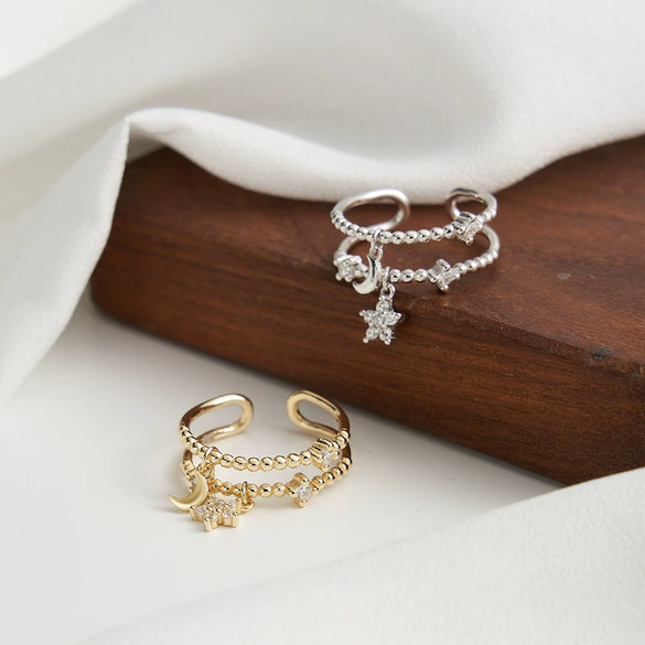 Wholesale Jewelry S925 Sterling Silver Opening Ring With Star Moon Charm Electroplated Cute Design