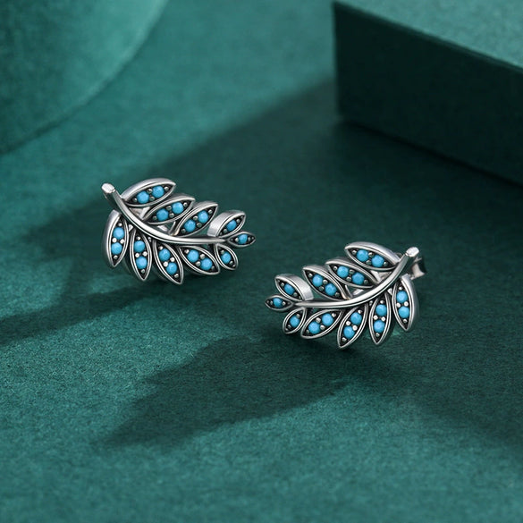 Wholesale Jewelry S925 Sterling Silver Retro Simple Style Leaf Pattern Earrings Set With Precious Stones