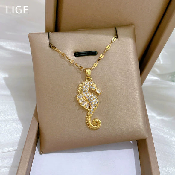 Wholesale Jewelry Seahorse Animal Geometric Stainless Steel And Copper Necklace Unisex