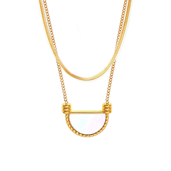 Wholesale Jewelry Semiround Lace Inlaid With White Shellfish Geometric 316L Stainless Steel Goldplated Necklace