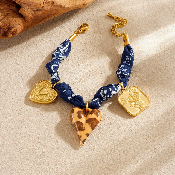 Wholesale Jewelry Set Dark Blue Printed Leopard Print Heart Shaped Ceramic Stainless Steel Electroplated Jewelry For Women