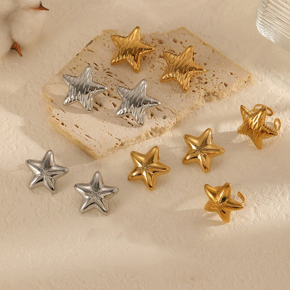 Wholesale Jewelry Set Stainless Steel Electroplated Fivepointed Star Earrings And Ring For Women