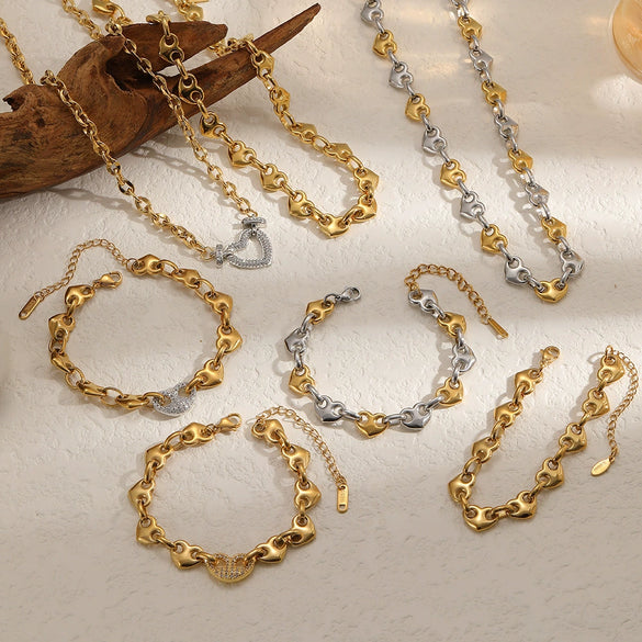 Wholesale Jewelry Set Stainless Steel Geometric Multi Ring Pig Nose Buckle Chain Necklace Bracelet For Women With Pvd Furnace Vacuum Real Gold Plating