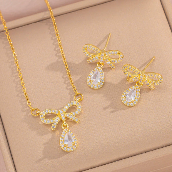 Wholesale Jewelry Set Titanium Steel Love Bow Design With Diamonds For Women