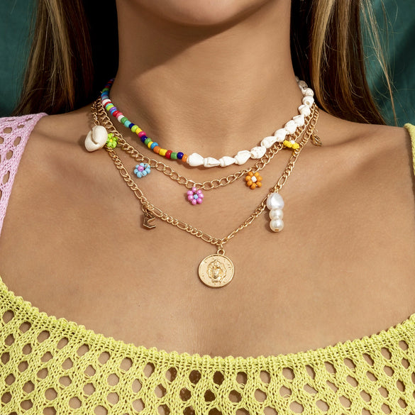 Wholesale Jewelry Shell Rice Beads Alloy Geometric Cross Chain Necklace For Women Electroplated