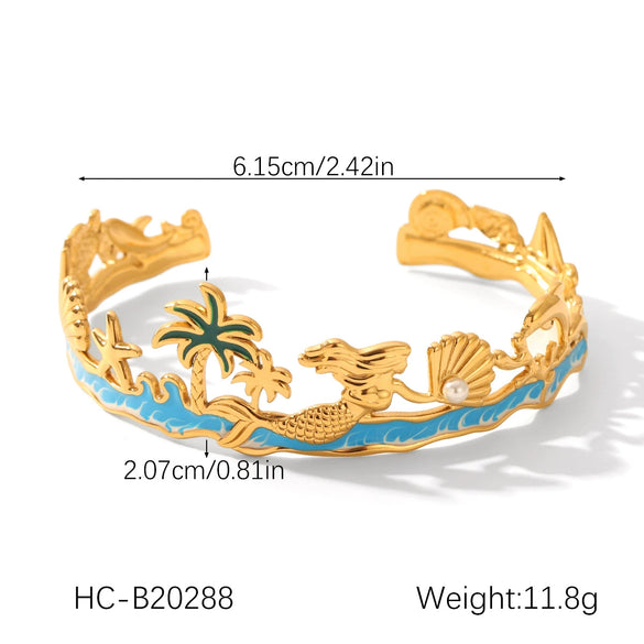 Wholesale Jewelry Shell Stainless Steel Goldplated Geometric Animal Zodiac Mermaid Oil Drop Open Ring