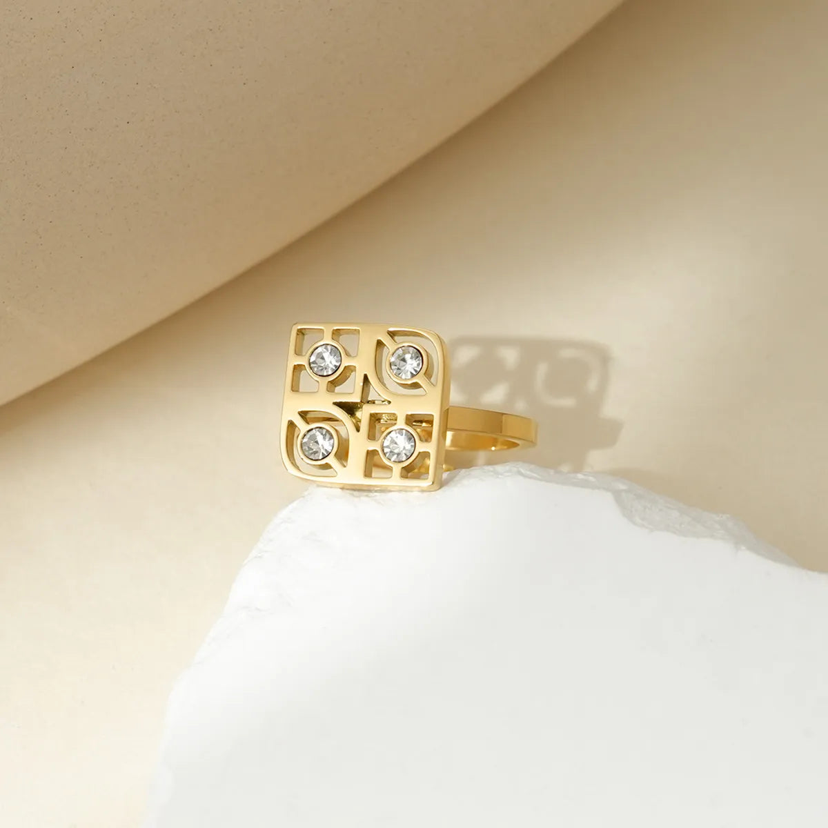 Wholesale Jewelry Shiny Square 304 Stainless Steel Zircon 14K Gold Plated Polishing Plating Hollow Out Open Rings