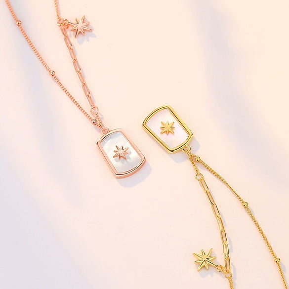Wholesale Jewelry 925 Silver Geometric Star Square Shield Bead Necklace With Electroplating For Women Retro Cold Style