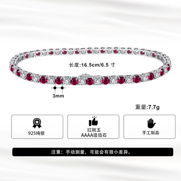 Wholesale Jewelry Silver Geometric Tennis Chain Bracelet With Red Zircon Electroplated