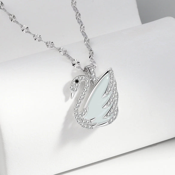 Wholesale Jewelry Silver 925 Sterling Silver White Jade Animal Swan Pendant Necklace With Electroplating