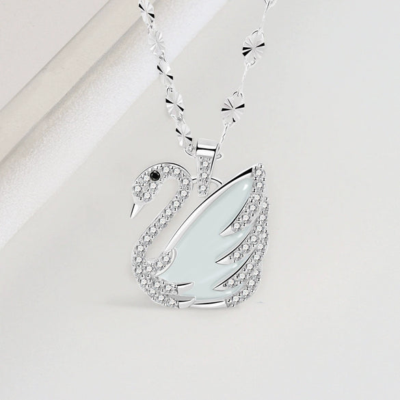 Wholesale Jewelry Silver 925 Sterling Silver White Jade Animal Swan Pendant Necklace With Electroplating