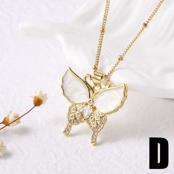 Wholesale Jewelry Simple Animal Geometric Copper Shell Inlaid Zircon Butterfly Moon Pendant Necklace Electroplated