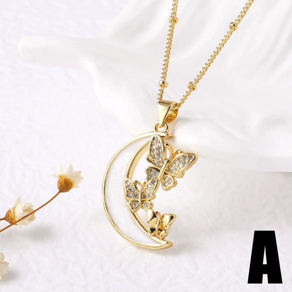 Wholesale Jewelry Simple Animal Geometric Copper Shell Inlaid Zircon Butterfly Moon Pendant Necklace Electroplated