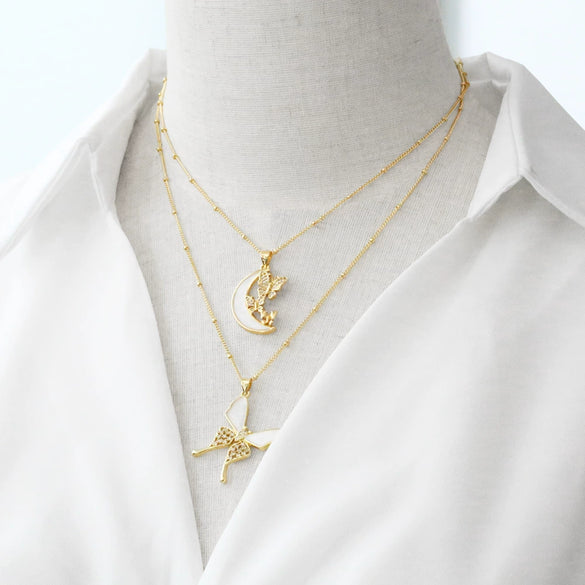 Wholesale Jewelry Simple Animal Geometric Copper Shell Inlaid Zircon Butterfly Moon Pendant Necklace Electroplated