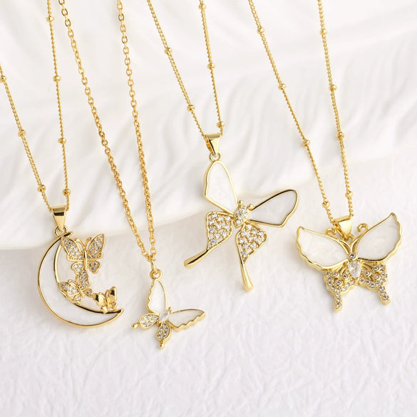 Wholesale Jewelry Simple Animal Geometric Copper Shell Inlaid Zircon Butterfly Moon Pendant Necklace Electroplated