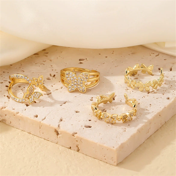 Wholesale Jewelry Simple Butterfly Plant Zircon Ring Women's Fashion Allmatch Personality