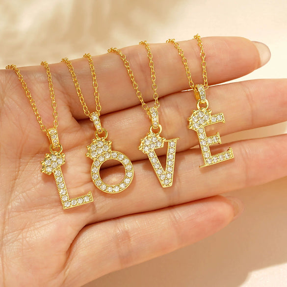 Wholesale Jewelry Simple Classic Crown Zircon English Letter Pendant Copper Goldplated Necklace For Women