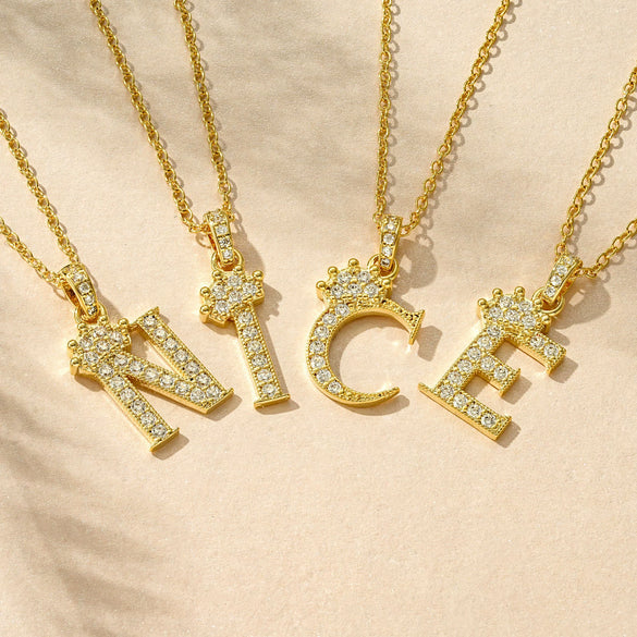 Wholesale Jewelry Simple Classic Crown Zircon English Letter Pendant Copper Goldplated Necklace For Women
