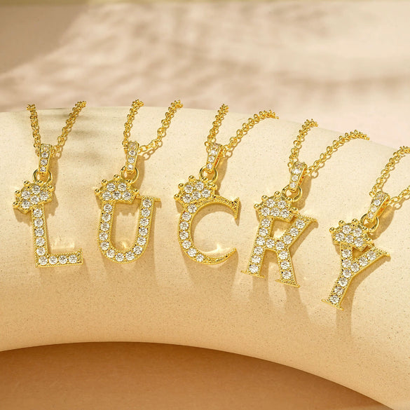 Wholesale Jewelry Simple Classic Crown Zircon English Letter Pendant Copper Goldplated Necklace For Women