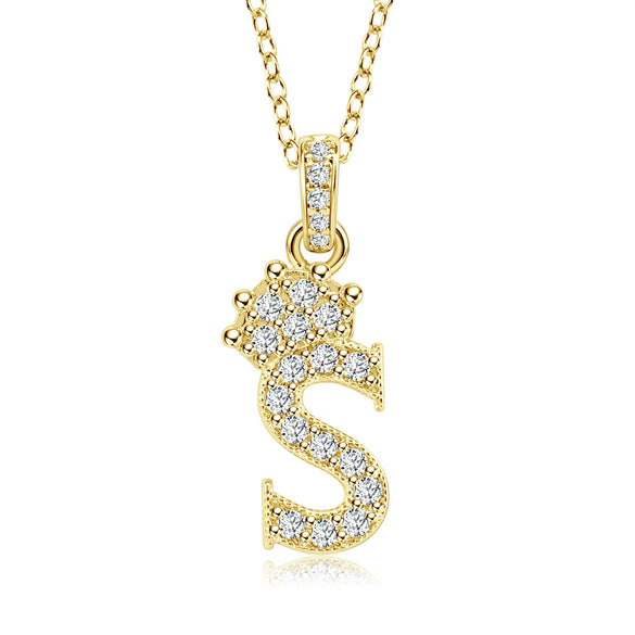 Wholesale Jewelry Simple Classic Crown Zircon English Letter Pendant Copper Goldplated Necklace For Women