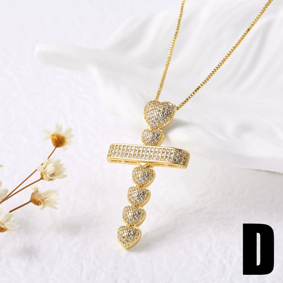 Wholesale Jewelry Simple Cross Pearl Full Zircon Copper Necklace With Electroplating