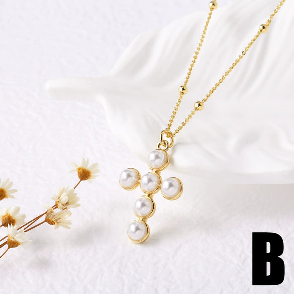 Wholesale Jewelry Simple Cross Pearl Inlaid Zircon Copper Pendant Necklace With Clavicle Chain Electroplating