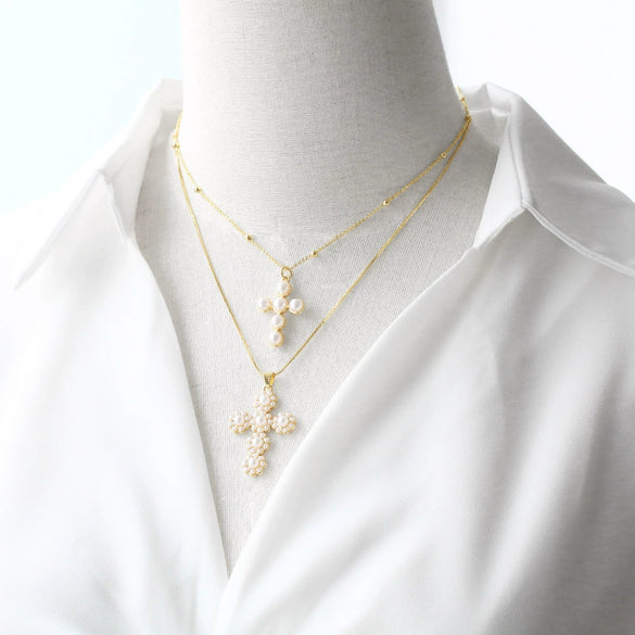 Wholesale Jewelry Simple Cross Pearl Inlaid Zircon Copper Pendant Necklace With Clavicle Chain Electroplating