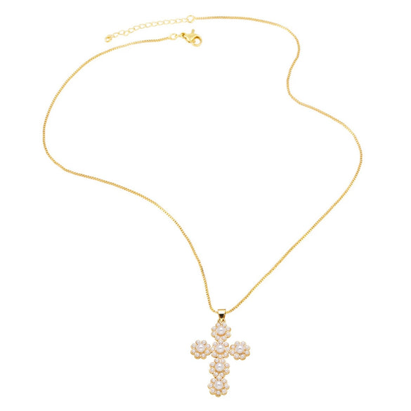 Wholesale Jewelry Simple Cross Pearl Inlaid Zircon Copper Pendant Necklace With Clavicle Chain Electroplating