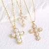 Wholesale Jewelry Simple Cross Pearl Inlaid Zircon Copper Pendant Necklace With Clavicle Chain Electroplating