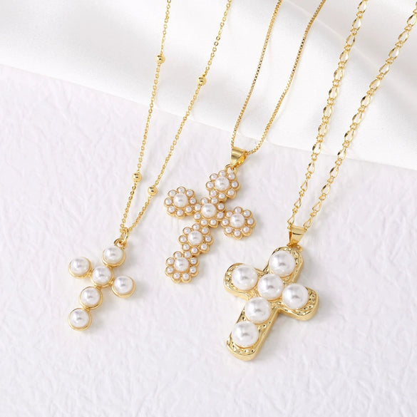 Wholesale Jewelry Simple Cross Pearl Inlaid Zircon Copper Pendant Necklace With Clavicle Chain Electroplating