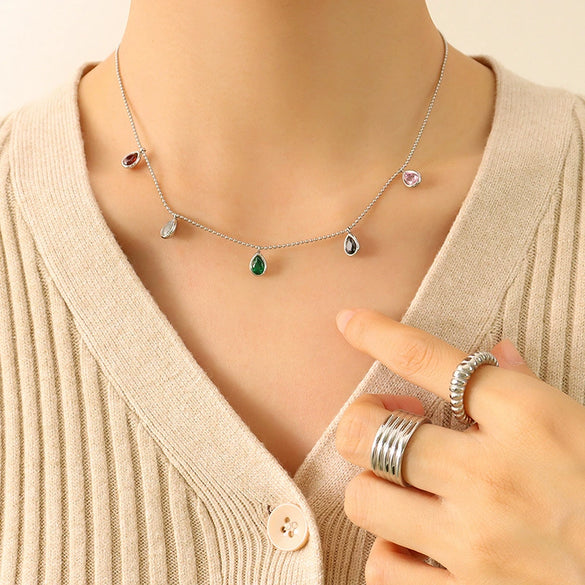 Wholesale Jewelry Simple Fashion Colorful Zircon Geometric Pendant Necklace With Titanium Steel Bead Chain