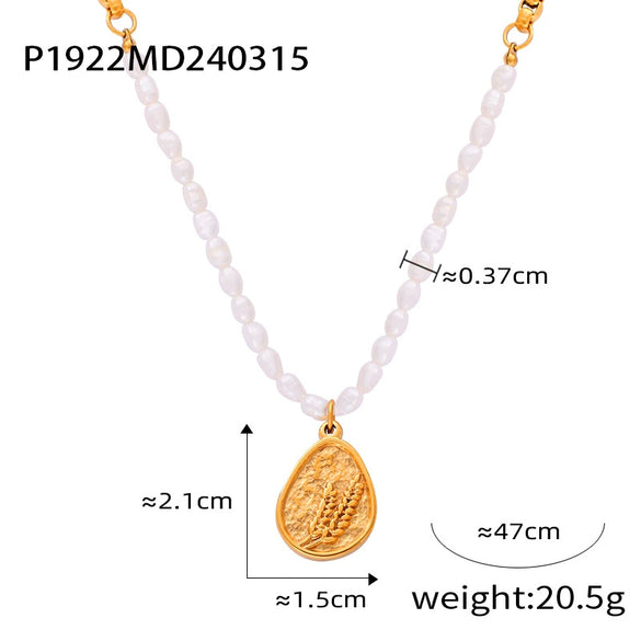 Wholesale Jewelry Simple Freshwater Pearl Stitching Geometric 316L Stainless Steel Gold Plated Drop Shape Pendant Necklace