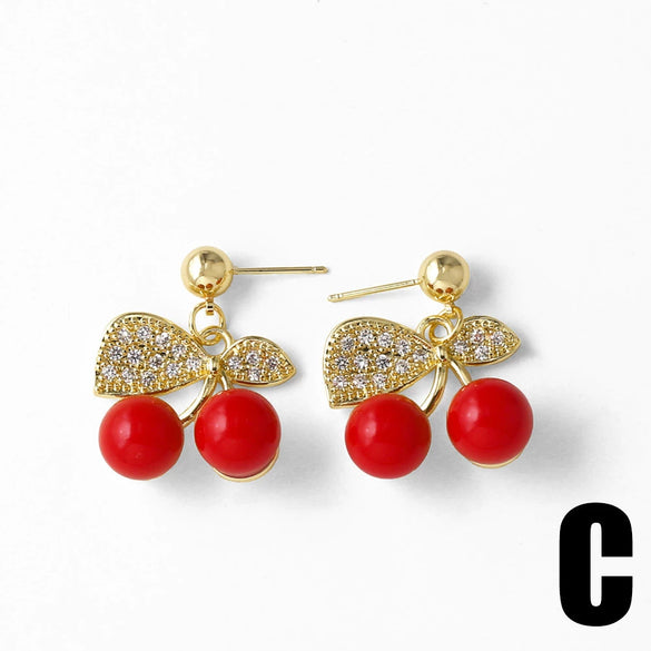 Wholesale Jewelry Simple Fruit Cherry Pendant Earrings For Women Copper Gold Plated