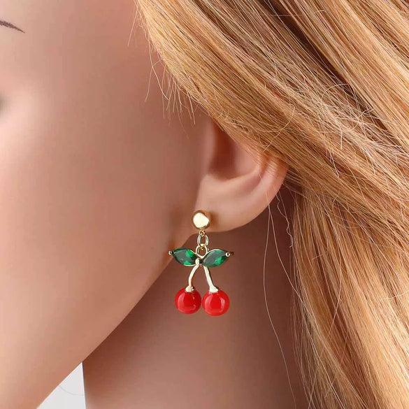 Wholesale Jewelry Simple Fruit Cherry Pendant Earrings For Women Copper Gold Plated