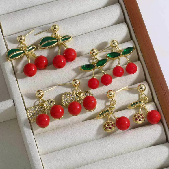 Wholesale Jewelry Simple Fruit Cherry Pendant Earrings For Women Copper Gold Plated