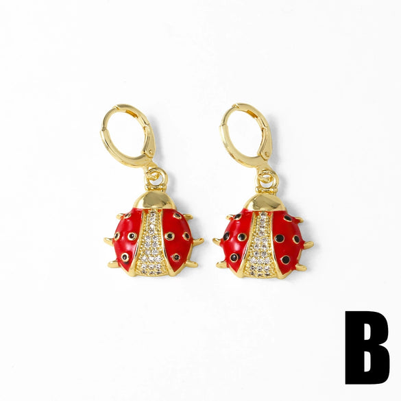 Wholesale Jewelry Simple Fruit Food Style Copper Goldplated Oildropped Watermelon Strawberry Insect Pendant Earrings