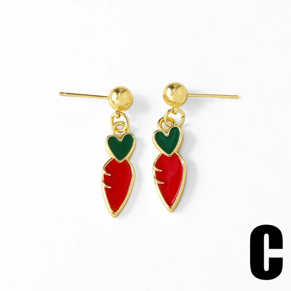 Wholesale Jewelry Simple Fruit Food Style Copper Goldplated Oildropped Watermelon Strawberry Insect Pendant Earrings