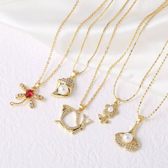 Wholesale Jewelry Simple Geometric Copper Dragonfly And Flower Pendant Necklace With Regular Chain And Electroplating