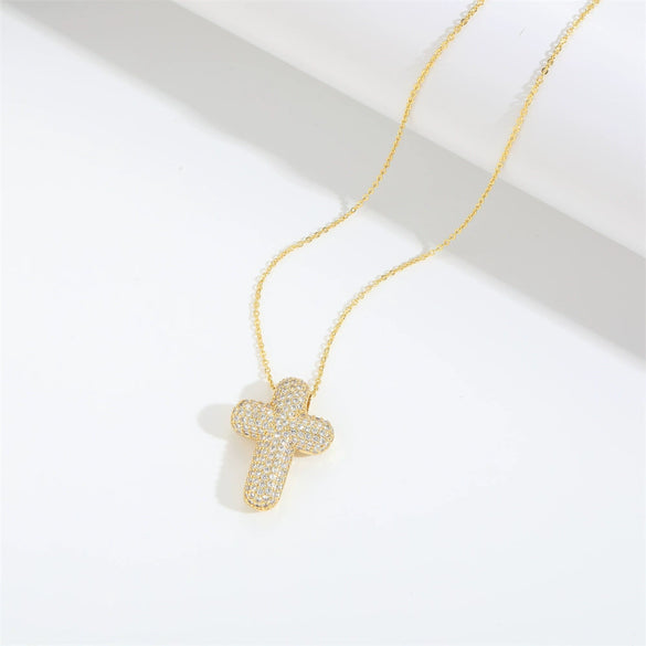 Wholesale Jewelry Simple Geometric Copper Zirconia Mixed Gemstone Setting Cross Pendant Ochain Ladies Necklace