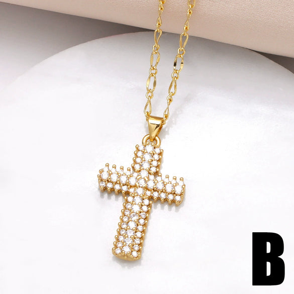 Wholesale Jewelry Simple Geometric Cross Pendant Necklace Copper Gold Plated O Shaped Chain