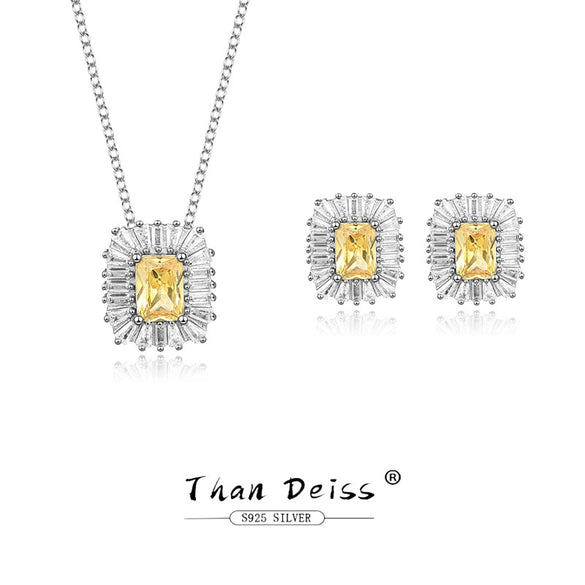 Wholesale Jewelry Simple Geometric Style S925 Sterling Silver Yellow Diamond Twopiece Set For Women With Ochain