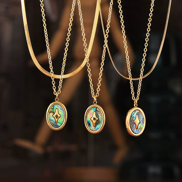 Wholesale Jewelry Simple Geometric 316L Stainless Steel Ochain Necklace With Round Pendant Inlaid With Color Shells And Electroplating Design