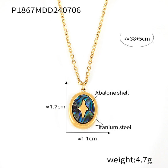 Wholesale Jewelry Simple Geometric 316L Stainless Steel Ochain Necklace With Round Pendant Inlaid With Color Shells And Electroplating Design