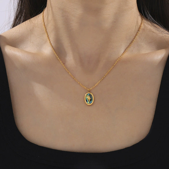 Wholesale Jewelry Simple Geometric 316L Stainless Steel Ochain Necklace With Round Pendant Inlaid With Color Shells And Electroplating Design
