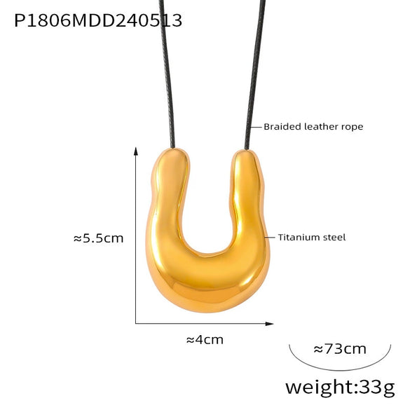 Wholesale Jewelry Simple Geometric Ushape 316L Stainless Steel Woven Leather Rope Pendant Necklace With Electroplating