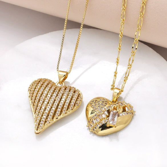 Wholesale Jewelry Simple Heart Pendant Necklace Women Copper Plated Real Gold Full Zircon Clavicle Chain